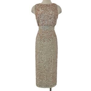 Mac Duggal Sequin Sleeveless Sheath Midi Cocktail Dress in Beige Rose Gold 8
